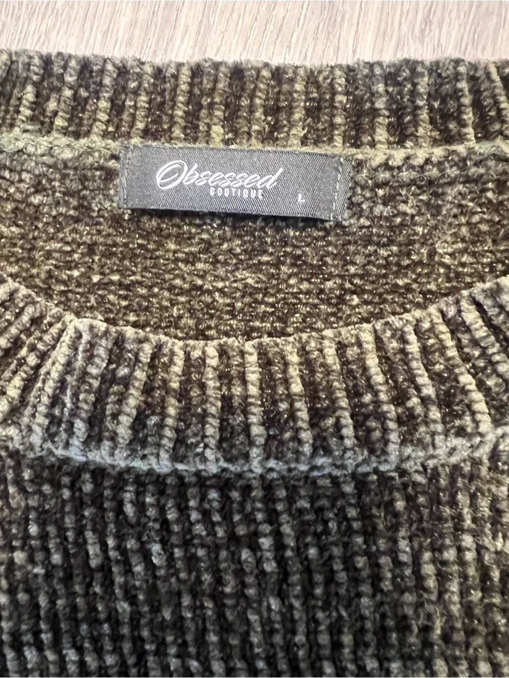 Cropped Chenille Crewneck Sweater in Olive - Picture 3 of 7